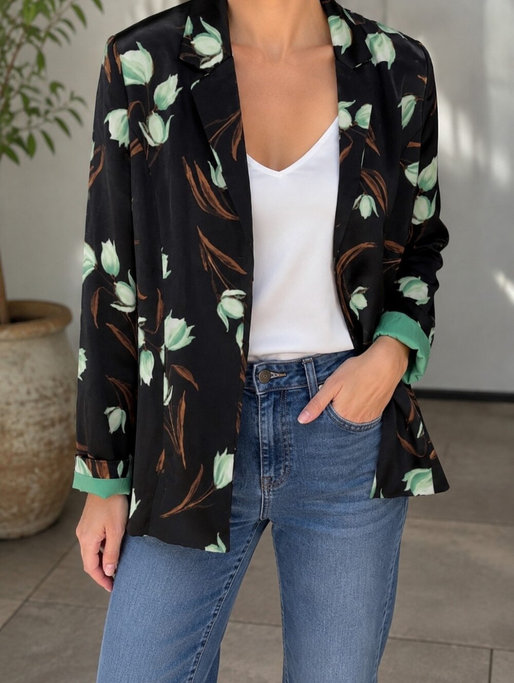 YEST THE NETHERLANDS FLORAL OPEN FRONT BLAZER SIZE 6 BLACK GREEN JACKET